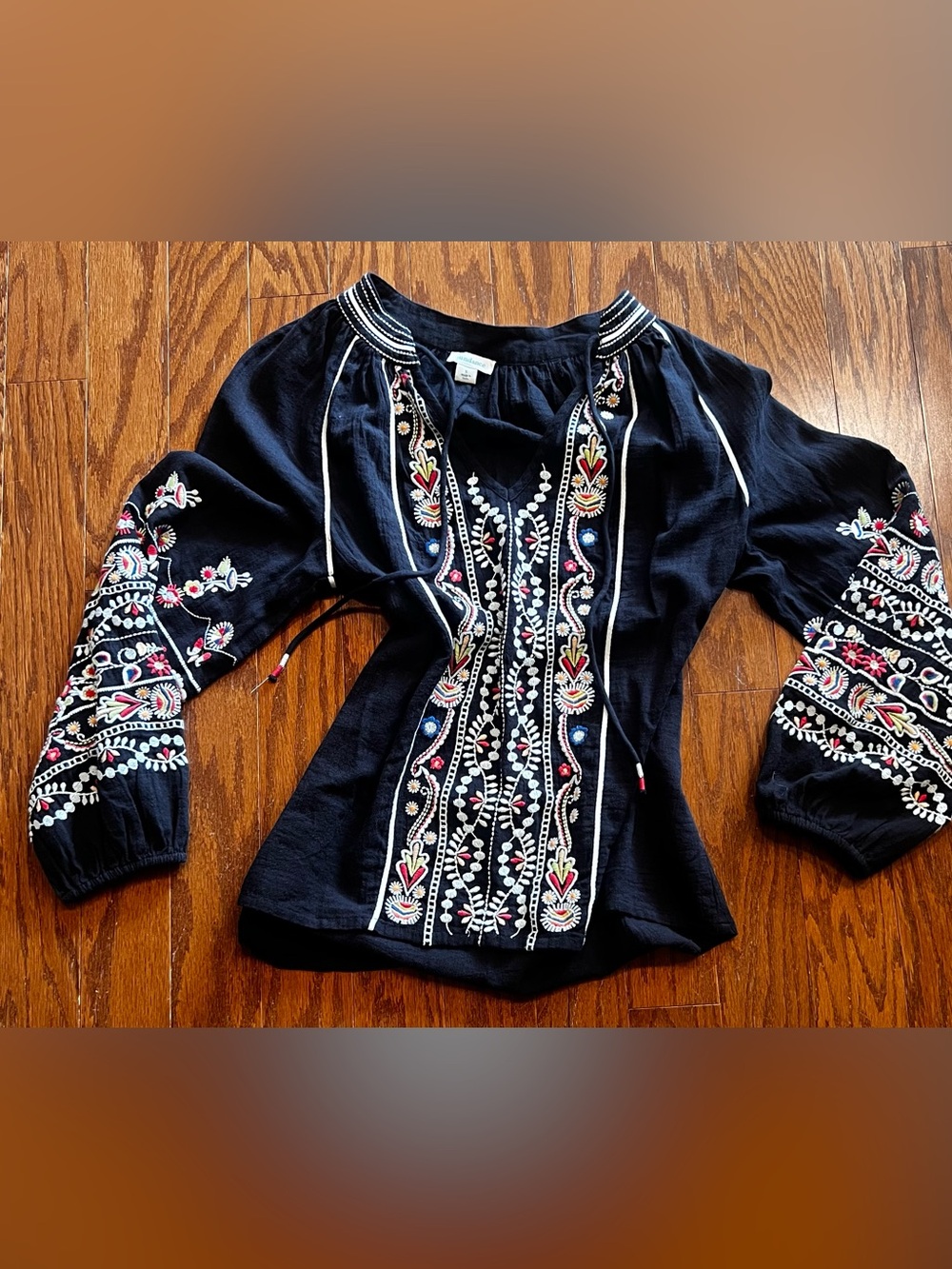 Sundance Black Small Embroidered Peasant Blouse with Multicolor Floral Detail
